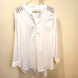 CHICO'S  White Embellished Buttoned Blouse with Mandarin Collar Size 1